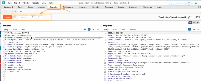 Accès à la fonction Repeater de BurpSuite.