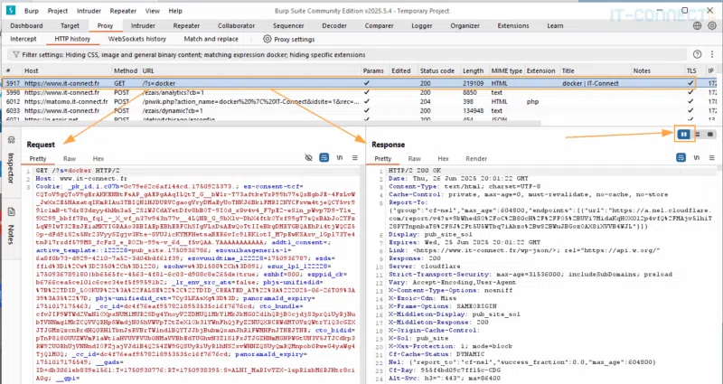 Affichage des détails d'une requête HTTP et de sa réponse dans un le proxy web local.