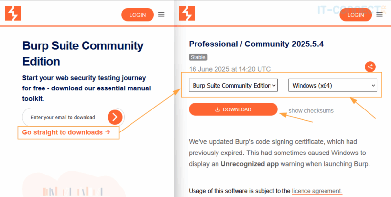 Accès au téléchargement de BurpSuite Community Edition sur le site officiel.