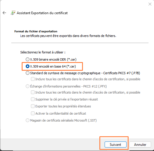 Exporter un certificat - X.509 encodé en Base 64 (*.cer)