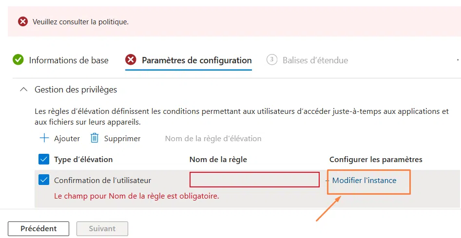 EPM - Confirmation de l'utilisateur - Modifier l'instance