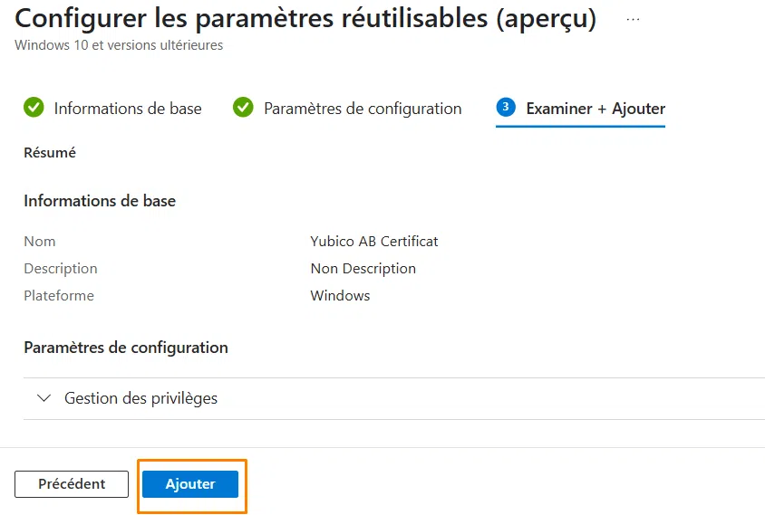 EPM - Paramètres réutilisables - Ajouter le certificat à la liste.