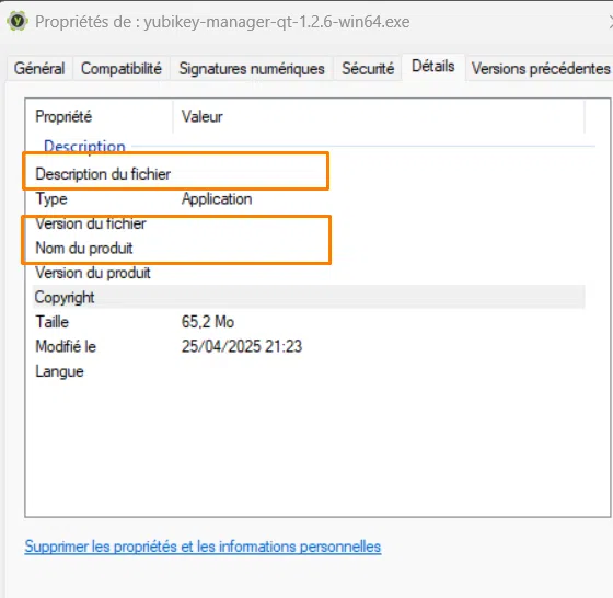 Aperçu des propriétés de l'EXE de Yubico Manager - Détails vides