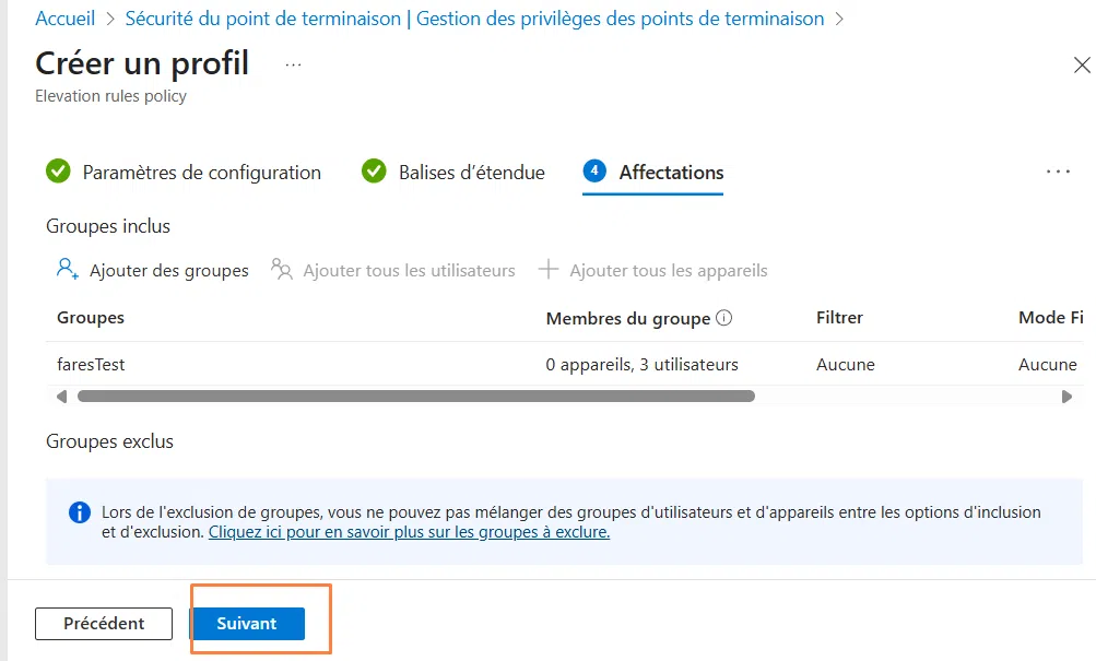 Stratégie EPM pour une application - Affectation à un groupe d'utilisateurs