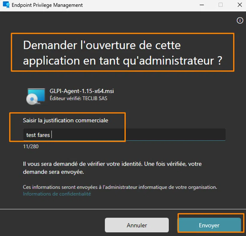 EPM - Exécuter avec un accès surélevé - Indiquer une justification commerciale