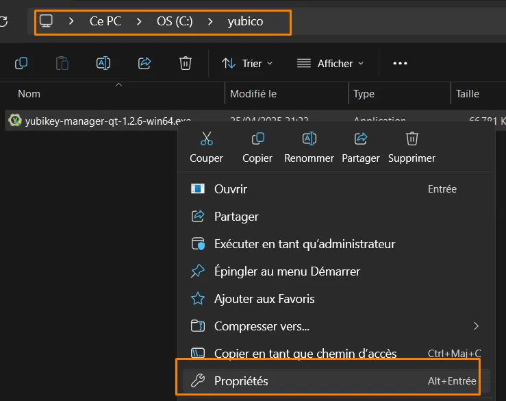 Windows - Accéder aux propriétés de l'exécutable Yubico Manager