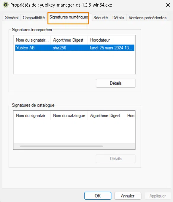 Consulter la signature numérique d'un exécutable sur Windows.