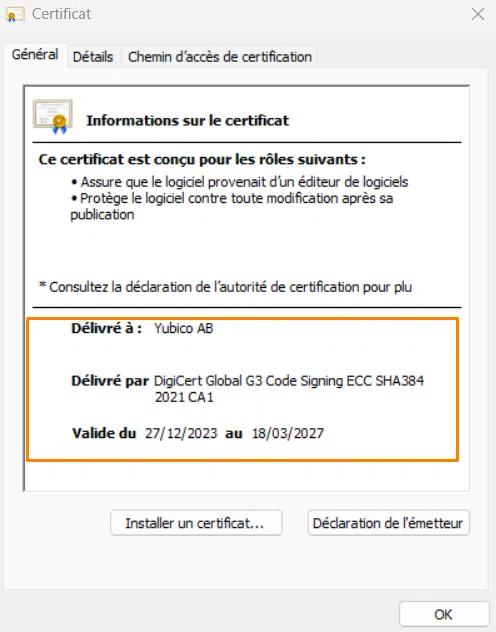 certificat éditeur, délivré à Yubico par DigiCert