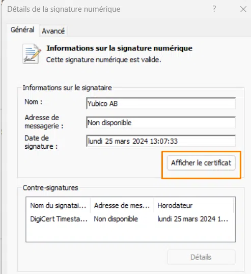 Windows - Signature numérique - Afficher le certificat