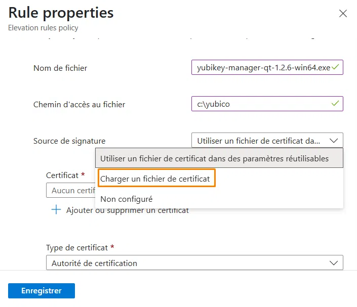 Stratégie EPM - Charger un fichier de certificat d'une application.