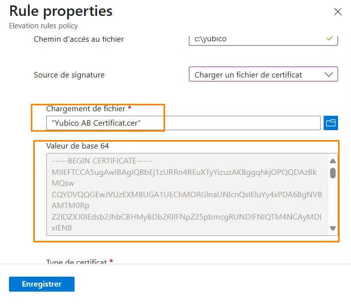 Stratégie EPM - Le certificat CER de Yubico AB est correctement lu par Intune.