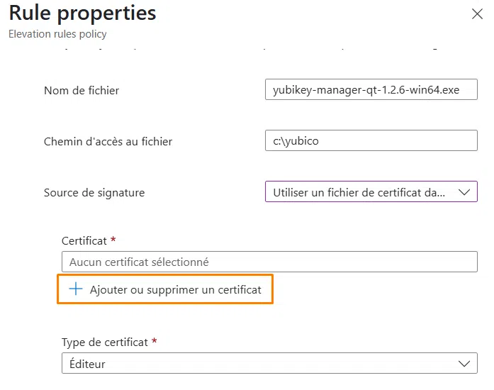 Stratégie EPM - Sélectionner le certificat depuis les paramètres réutilisables.