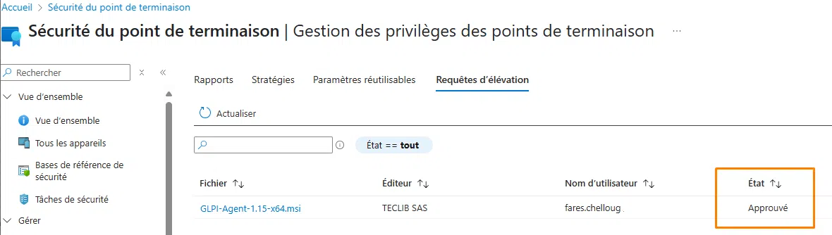 Intune - Gestion des privilèges des points de terminaison - Requête d'élévation approuvée