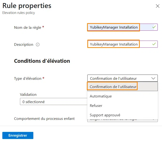 Intune - EPM - Règle - Choix du type d'élévation