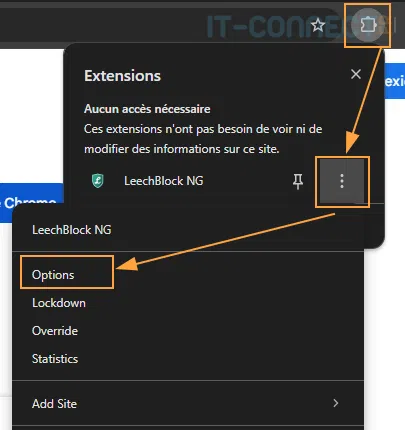Accès à la configuration de l'extension LeechBlock sous Firefox.