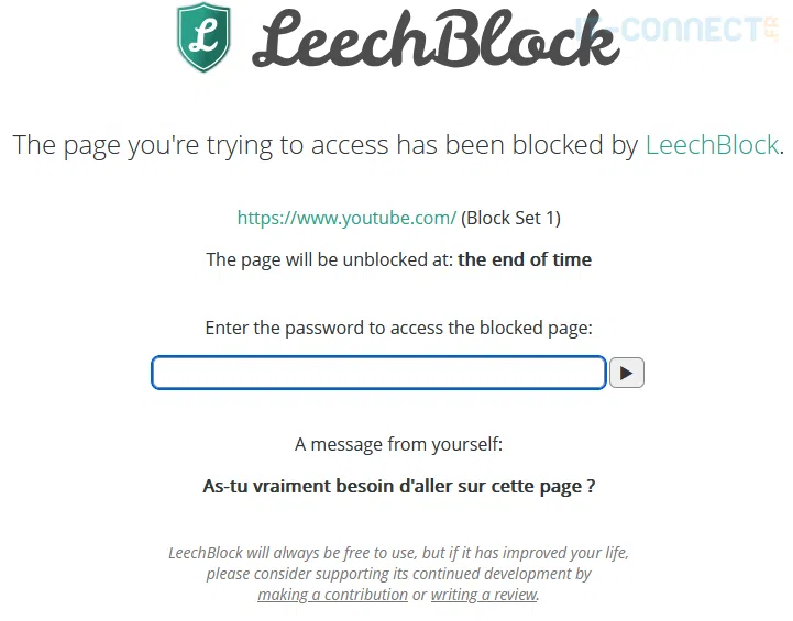 Demande de mot de passe LeechBlock pour "débloquer" l'accès à un site contrôlé.
