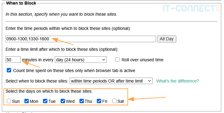 Définition des conditions temporelles de blocage.