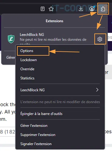 Accès à la configuration de l'extension LeechBlock sous Firefox.