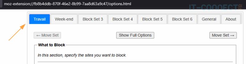 Vue des différents block sets disponibles sur LeechBlock.
