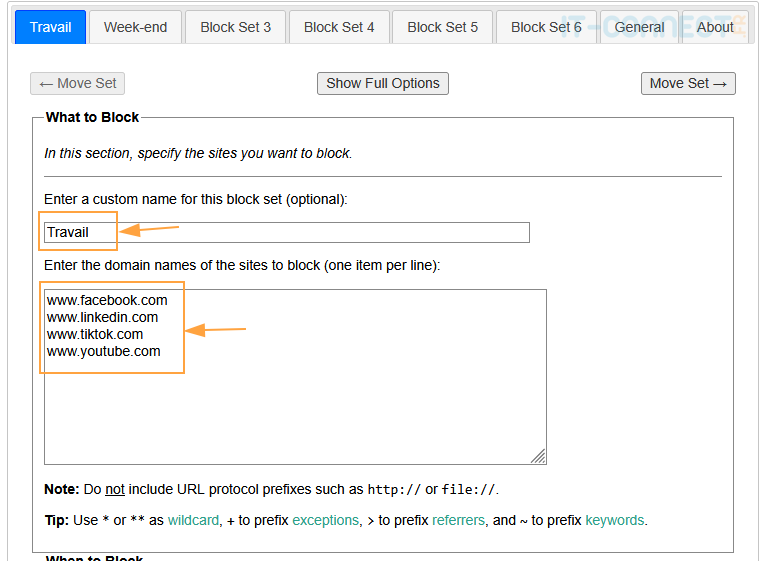 Configuration des sites à contrôler ou bloquer sur LeechBlock.