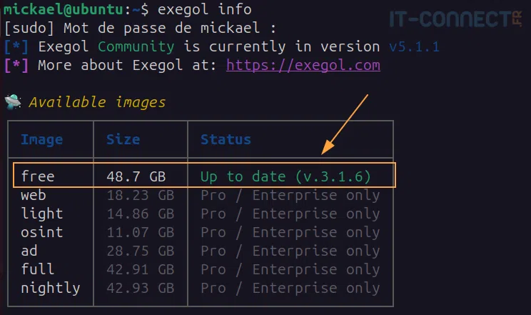 Exécution d'exegol info avec une image téléchargée.