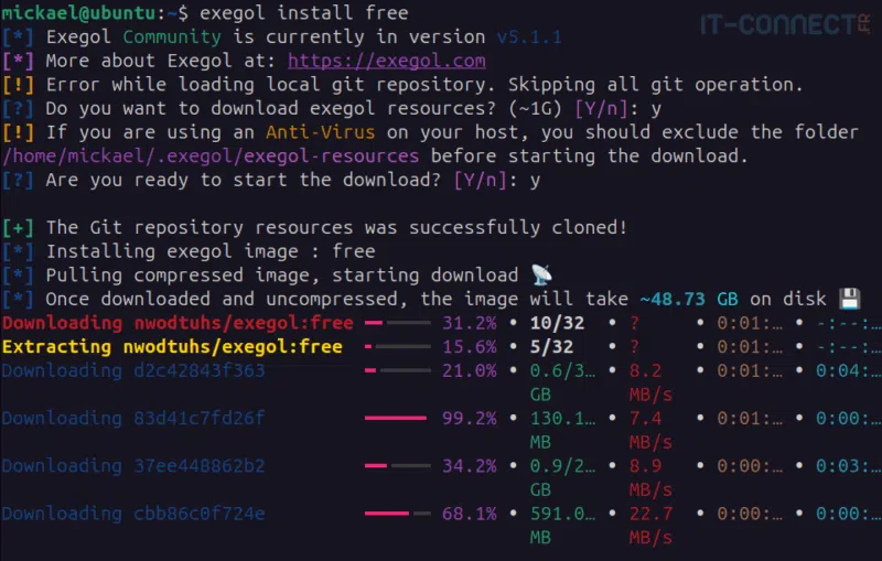 Téléchargement de l’image exegol free depuis le terminal.