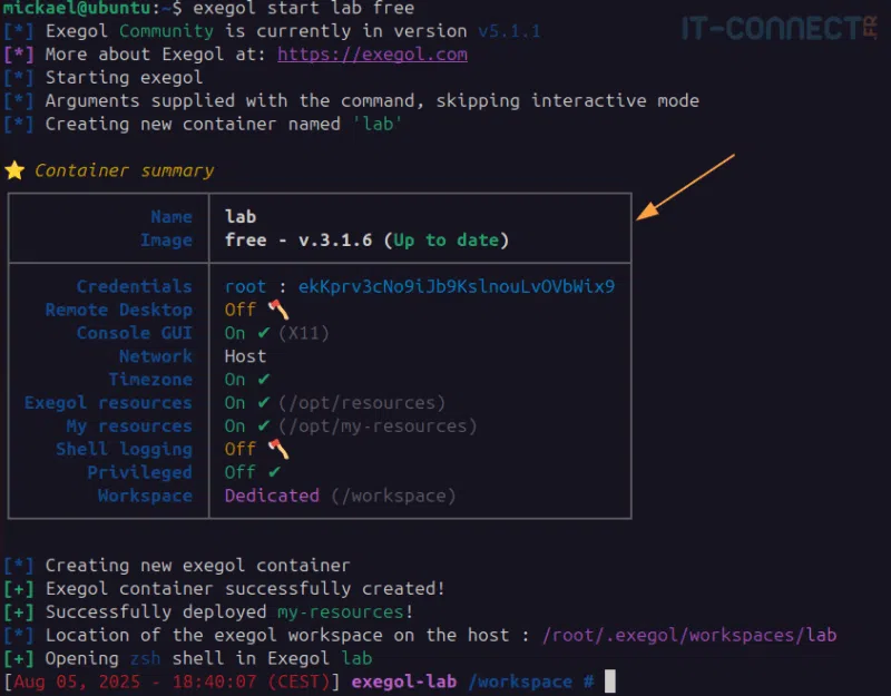 Démarrage d'un conteneur Exegol.
