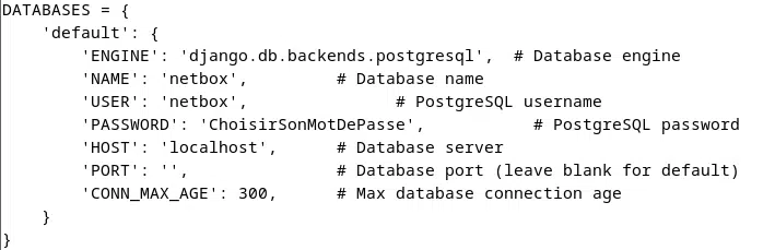 Configuration partie DATABASES de Netbox