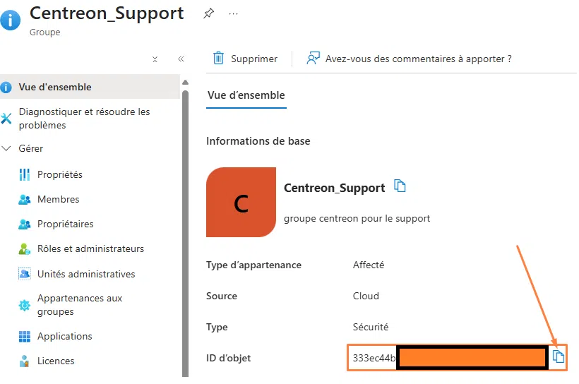 ID de groupe Support dans Entra ID - Copier l'information