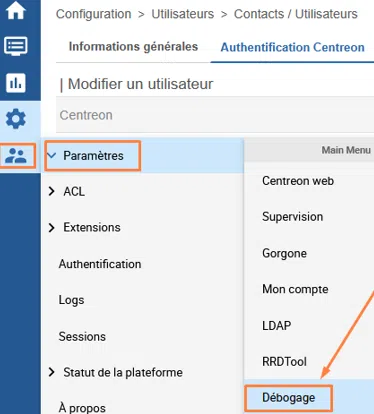 Centreon - Administration > Paramètres > Débogage
