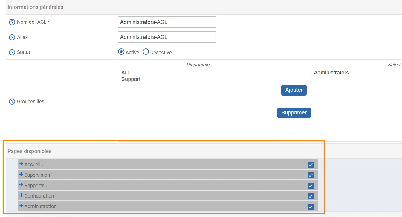 Centreon - ACL - Sélectionner les pages auxquelles le groupe Administrators peut accéder - Exemple