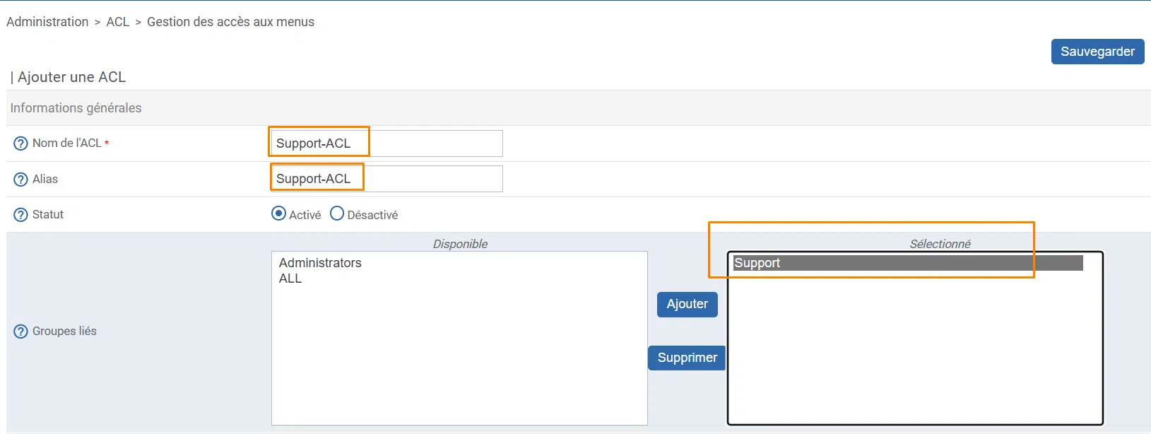 Sélectionner le groupe Support dans l'ACL Centreon
