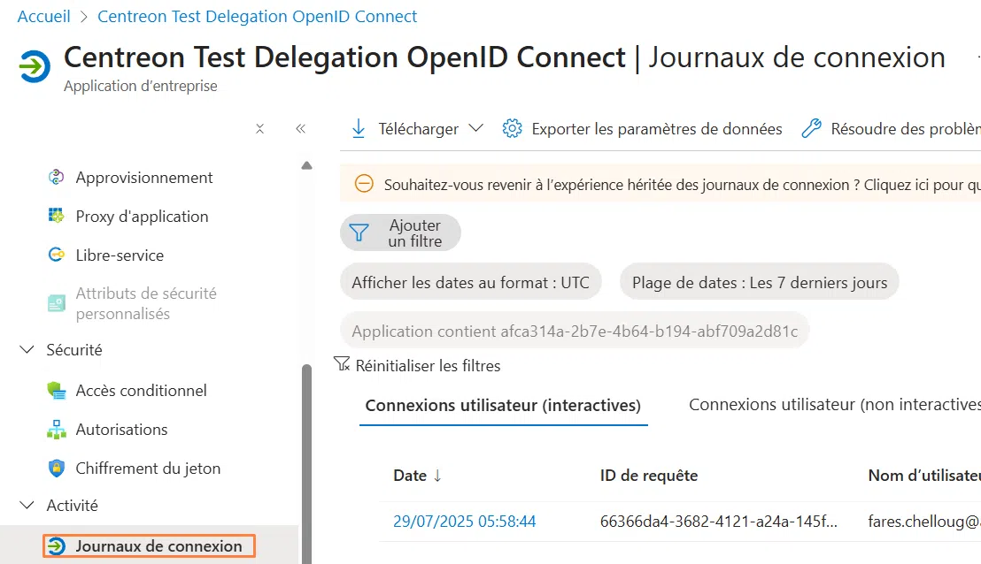 Journaux de l'application Centreon dans Entra ID