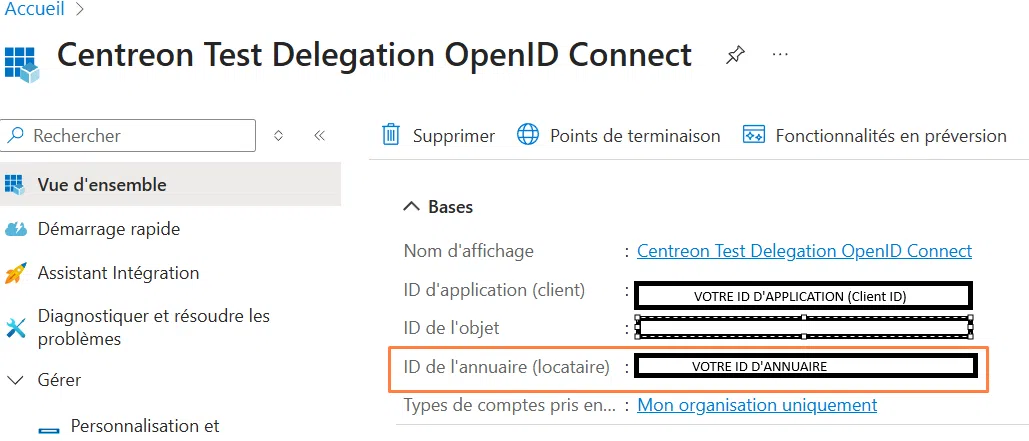 Centreon - Application Azure - ID d'annuaire