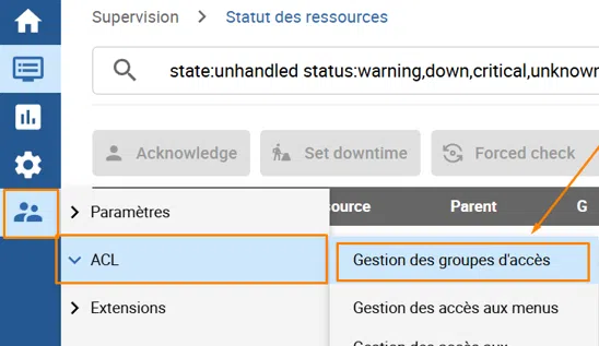 Centreon - Menu : Administration > ACL > Gestion des groupes d’accès