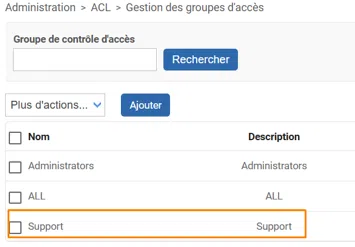 Centreon - Administration > ACL > Gestion des groupes d’accès pour Support