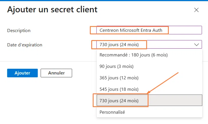 Application Azure - Centreon - Secret client Microsoft Entra Auth