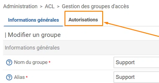 Centreon - Administration > ACL > Gestion des groupes d’accès pour Support - Autorisations