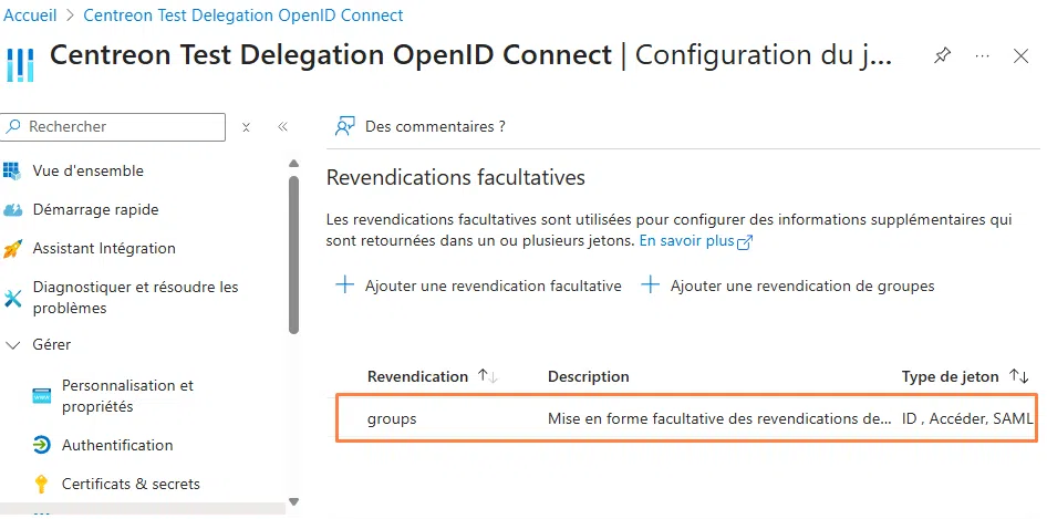 Azure - Application Centreon - Configuration du jeton - Revendication groups