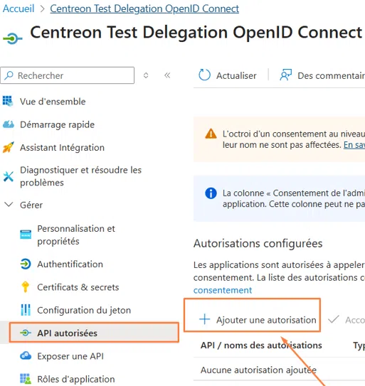 Application Azure - Centreon - API Autorisées - Ajouter une autorisation