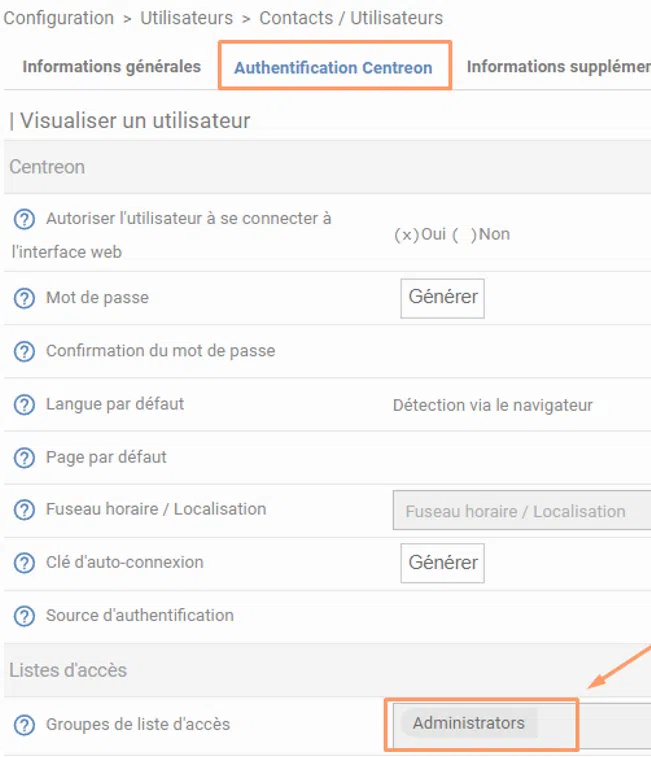 Centreon - L'utilisateur n'a pas le droit de modifier les stratégies d'authentification.