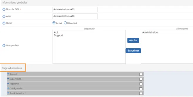 Centreon - ACL - Sélectionner les pages auxquelles le groupe Administrators peut accéder
