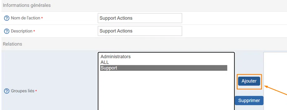 Centreon- ACL - Gestion des accès sur les actions - Actions du support - Lier au groupe