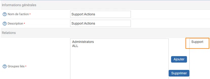 Centreon- ACL - Gestion des accès sur les actions - Actions du support - Groupé sélectionné