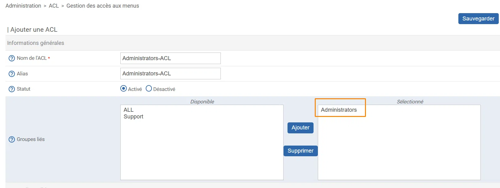 Centreon - ACL - Administrators - Sélectionné