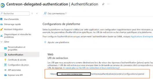 Application Azure pour Centreon - URI de redirection - Exemple
