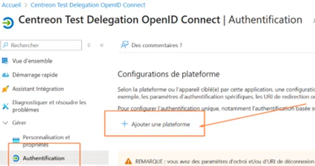 Azure - Application Centreon - Authentification - Ajouter une plateforme