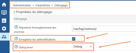 Centreon - Administration > Paramètres > Débogage - Niveau de debug