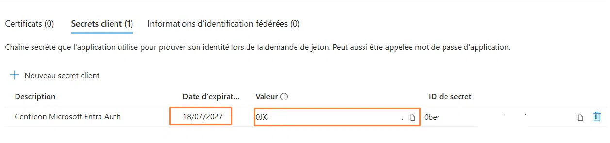 Application Azure - Centreon - Afficher le secret