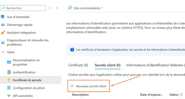 Application Azure - Centreon - Nouveau secret client